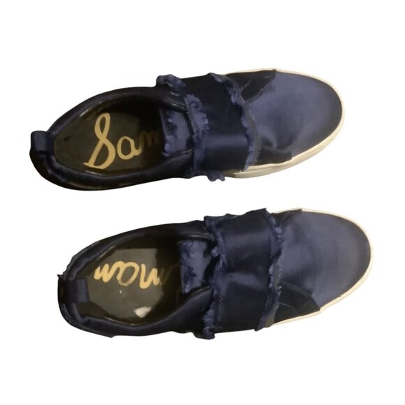 Sam Edelman Navy Satin Slip-On Sneakers LEVINE Frayed Detailing Women Size 6 - Picture 3 of 5